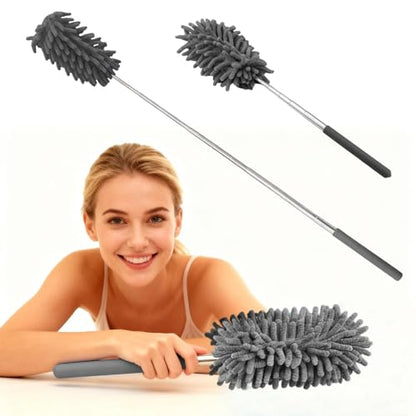 Extendable Microfiber Duster, Telescoping Dusting Brush for Home and Car Cleaning, Adjustable Length, Soft and Flexible - color: Elongated Grey