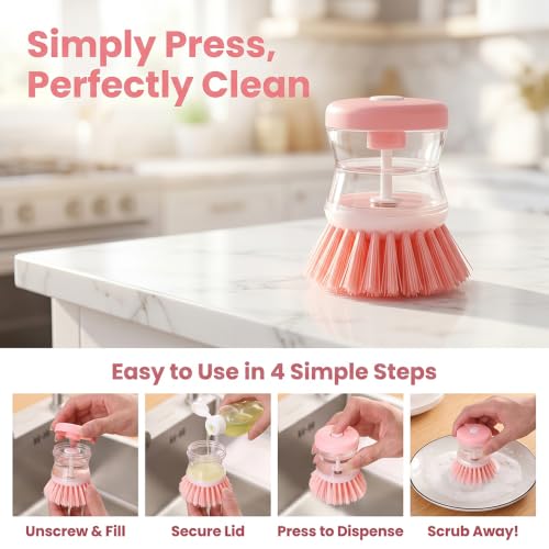 2 Pack Dish Brush with Soap Dispenser for Dishes Pot Pan Kitchen Sink Scrubbing Easy to Clean Kitchen Utensils,Pink - color: Pink