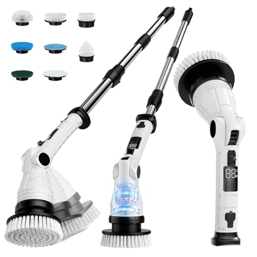 Electric Spin Scrubber, Power Electric Scrubber for Cleaning, Shower Cordless Cleaning Brush with 6 Adjustable Angles,8 Brush Heads, 3 Speed Mode, Electric Cleaning Brush for Bathroom/Tub/Floor/Tile - color: White