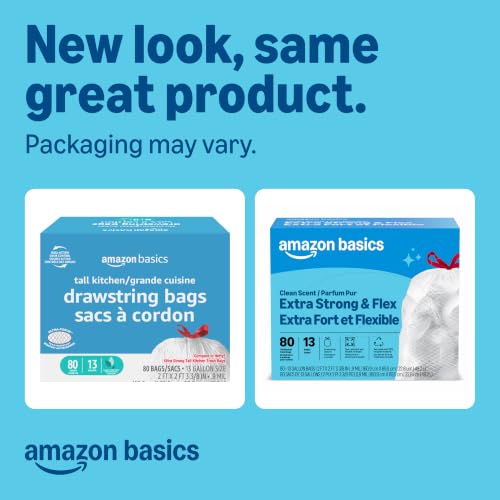 Amazon Basics Ultra-Force Tall Kitchen Drawstring Trash Bags, Classic Clean Scented, 13 Gallon, 80 Count, Pack of 1, Packaging May Vary