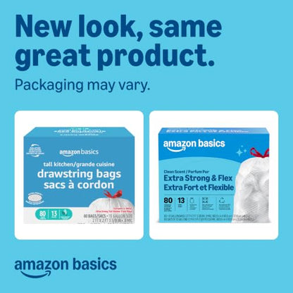 Amazon Basics Ultra-Force Tall Kitchen Drawstring Trash Bags, Classic Clean Scented, 13 Gallon, 80 Count, Pack of 1, Packaging May Vary