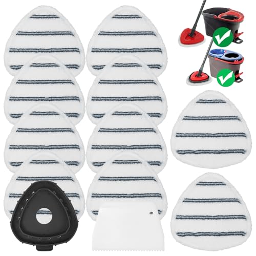 Flat Mop Head Replacements, Microfiber Mopping Pads Refills, 10-Pack Spin Mop Pads + 1 Plastic Pad &1 Scrape for Floor, Wall & Ceiling Cleaning - Fits EasyWring & RinseClean Systems - size: 10Pads+1Base+1Scrape