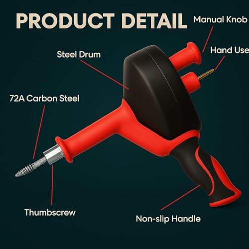 42 FT Drain Snake Hair Drain Clog Remover, Manual Or Powered, Plumbing Snake With Drill Adapte,Unclog Sink Drain Tool, Drain Auger for Toilet、Shower、Kitchen、Sink, No Auto Retract Or Feed, Red - color: Red
