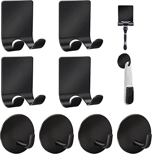 Diesisa Razor Holder for Shower + Adhesive Wall Hooks, Premium 304 Stainless Steel Shower Razor Holder with Heavy Duty Waterproof Sticky Hooks for Hanging Towels, Coat, hat (4+4 Pack) - Black - color: Black--8pcs