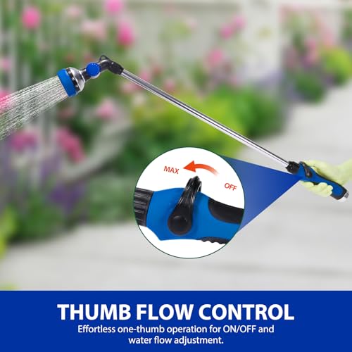 Watering Wand for Garden Hose, 30 Inch, 10 Spray Patterns, Thumb Control Garden Hose Nozzle, Adjustable Water Sprayer with Pivoting Head, Ideal for Hanging Baskets, Plants, and Shrubs, Blue - color: Blue