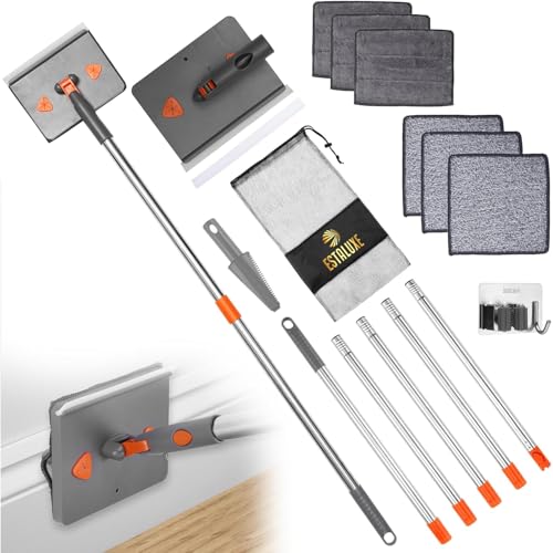 85” Baseboard Cleaner Tool with Handle and Hooks, 180° Rotating Wall Cleaner with Convex Design, Wall Mop with 6 Reusable Pads to Clean Wall, Window, Floor and Ceiling with Extension Poles - size: Rectangular