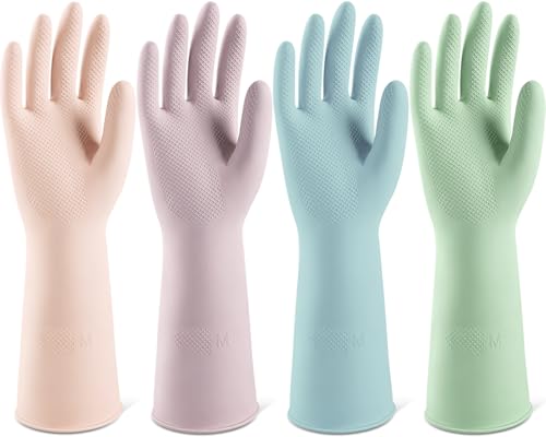 ThxToms 4 Pairs Reusable Dishwashing Cleaning Gloves,10 Mil Thick, 13" | Non-Slip Rubber Kitchen Gloves, Multi-Color, Ideal for Household, Bathroom, Pet Care & Gardening, Medium - size: Medium