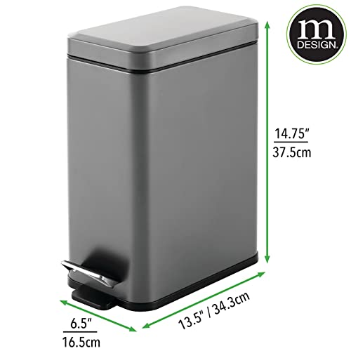 mDesign Pedal Bin — Waste Bin with Pedal, Lid and Plastic Bucket Insert for Bathroom, Kitchen, and Office — Metal Household Rubbish Bin with Ergonomic Design — Dark Grey - color: Graphite Gray, size: 2.6 Gallon