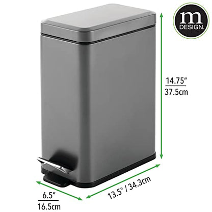 mDesign Pedal Bin — Waste Bin with Pedal, Lid and Plastic Bucket Insert for Bathroom, Kitchen, and Office — Metal Household Rubbish Bin with Ergonomic Design — Dark Grey - color: Graphite Gray, size: 2.6 Gallon
