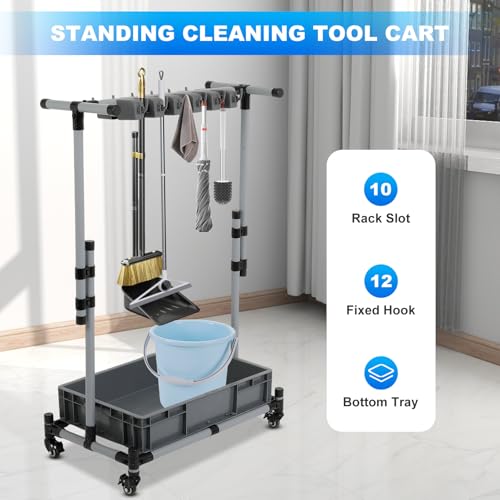 Broom and Mop Holder Freestanding Mobile Cleaning Tool Storage Rack,Floor Standing Cleaning Tool Cart Storage for Garden Garage Schools, Hospitals