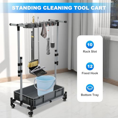 Broom and Mop Holder Freestanding Mobile Cleaning Tool Storage Rack,Floor Standing Cleaning Tool Cart Storage for Garden Garage Schools, Hospitals