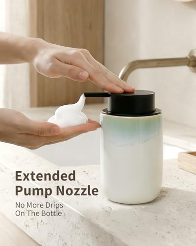 BosilunLife Hand Soap Dispenser - Foam Soap Dispenser Bathroom Ceramic Dish Liquid Soap Dispenser for Kitchen, Bathroom Countertop Soap Dispensers (White with Blue-Green Rim Foam Pump) - color: White With Blue-green Rim Foam Pump