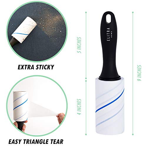 Elitra Lint Roller with Reusable Handle, Extra Sticky Pet Hair Remover with E-Z Peel Sheets - 90 Sheets with 4 Refills (450 Total), Adhesive Roller for Clothes, Furniture, Bedding & Upholstery