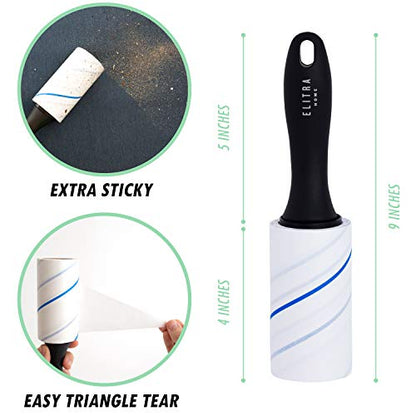 Elitra Lint Roller with Reusable Handle, Extra Sticky Pet Hair Remover with E-Z Peel Sheets - 90 Sheets with 4 Refills (450 Total), Adhesive Roller for Clothes, Furniture, Bedding & Upholstery