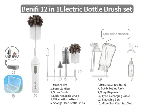 Electric Bottle Cleaner Pro, 11 in 1 Baby Bottle Brush with Drying Rack, Sponge Brush, Silicon Brush, Formula Mixer, Nipple Brush, Soap Dispenser, Microfiber Cleaning Cloth Included