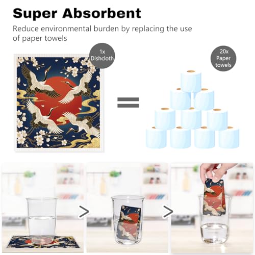 5 Pcs Artistic Red-Crowned Crane Swedish Dishcloths, Red-Crowned Crane Themed Swedish Dishcloth, Artistic Dish Cloths for Drying Dishes, Reusable Cleaning Cloths, Housewarming Gifts for Women - color: Lm 04253
