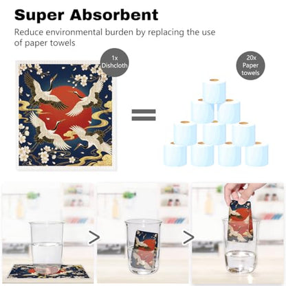 5 Pcs Artistic Red-Crowned Crane Swedish Dishcloths, Red-Crowned Crane Themed Swedish Dishcloth, Artistic Dish Cloths for Drying Dishes, Reusable Cleaning Cloths, Housewarming Gifts for Women - color: Lm 04253