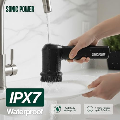 SonicPower Electric Spin Scrubber – Handheld & Ergonomic, IPX7 Waterproof, 4 Multi-Purpose Brush Heads, Long-Lasting Rechargeable Battery – Cleans Dishes, Bathroom, Tile, Grout & Kitchen (Black) - color: Black
