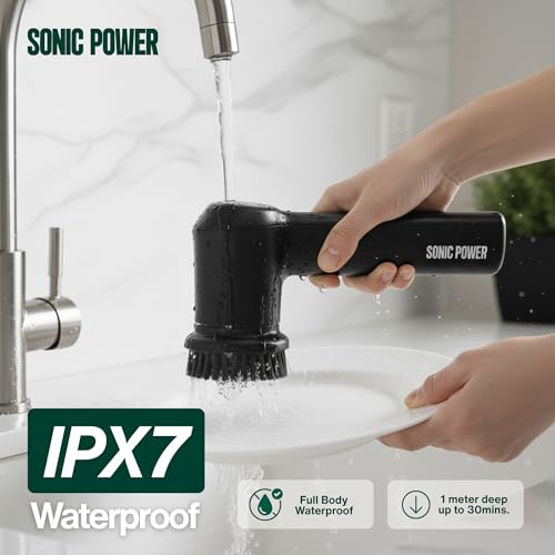 SonicPower Electric Spin Scrubber – Handheld & Ergonomic, IPX7 Waterproof, 4 Multi-Purpose Brush Heads, Long-Lasting Rechargeable Battery – Cleans Dishes, Bathroom, Tile, Grout & Kitchen (Black) - color: Black