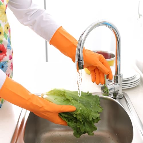 Bamllum Rubber Cleaning Gloves for Kitchen - 4 Pairs Reusable Dishwashing Gloves for Household, Flexible Long-lasting & Waterproof (Small, Blue+Green+Red+Orange) - size: Small