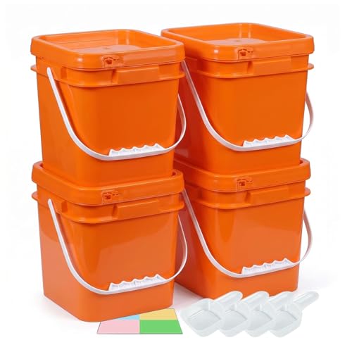 DEMORA 1Gallon Food Grade Square Plastic Bucket with Lid, Airtight Storage Container, Reusable Pail for Kitchen Food Water Ice Cream Household Use (Orange, 4Pcs) - color: Orange