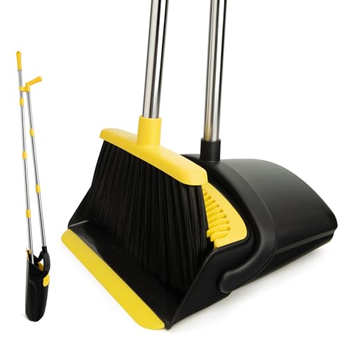Broom and Dustpan Set, Long Handle Lightweight Dustpans with Broom Combo for Home, Indoor&Outdoor Sweeping for Home Room Kitchen Office Lobby (Black Yellow) - color: Black Yellow 1-pack