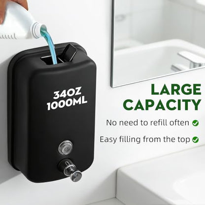 RYTOXILO Wall Soap Dispenser 1000ml/34 fl oz Commercial Soap Dispenser Stainless Steel Soap Dispenser Hand Soap Dispenser for Bathroom Kitchen Wall Mounted(Matte Black) - color: Black