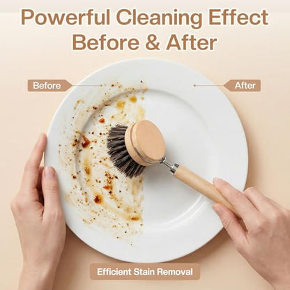 5 Pcs Bamboo Wood Dish Brush Set Includes 1 Wooden Handle with 3 Natural Replaceable Bristle Heads and 1 Handheld Bamboo Wok Brush Scrubber for Dishes Pans Pots Fruit and Veggie Washing(Style A)