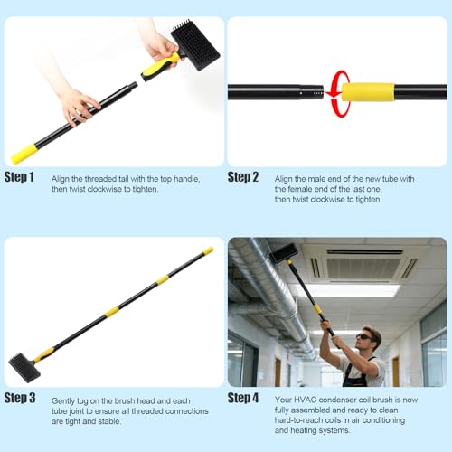 HVAC Coil Cleaning Brush with Long Handle, Double-Sided AC Evaporator & Condenser Coil Cleaner Brush, Carpet Pet Hair Remover for Vents, Ducts, Furniture