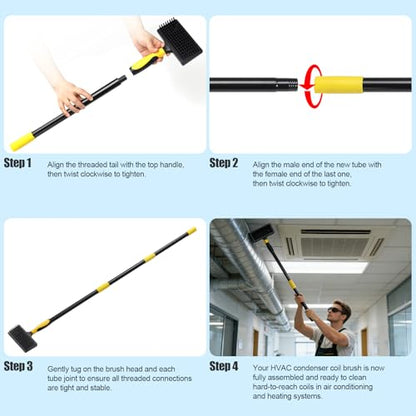 HVAC Coil Cleaning Brush with Long Handle, Double-Sided AC Evaporator & Condenser Coil Cleaner Brush, Carpet Pet Hair Remover for Vents, Ducts, Furniture