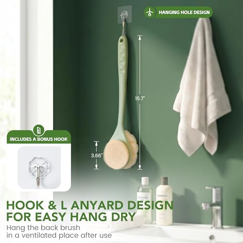 Back Scrubber for Shower, 15.7" Loofah with Handle, Back Shower Brush with Bristles and Loofah, Dry Brushing Body Brush for Cleanse Back and Hard to Reach Areas with Curved Long Handle - color: Light Green