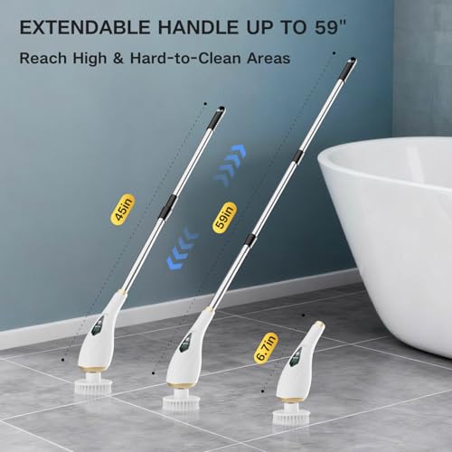 Electric Spin Scrubber Cordless Shower Cleaning Brush with 10 Replaceable Brush Heads, Extendable Handle Up to 59", 2 Speed, Waterproof, 2H Cleaning Time for Bathroom Shower Tile Glass Car