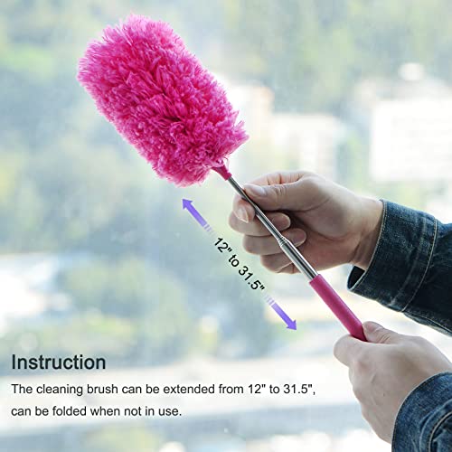 MECCANIXITY Microfiber Cleaning Duster, 12 to 31.5 Inch Washable Extendable Brush Flexible Feather Duster for Window Furniture, Rose Red - color: Rose Red