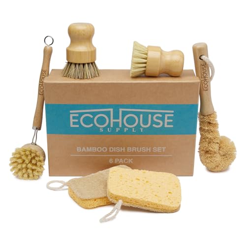 ECOHOUSE SUPPLY™ Bamboo Dish Brush Set – 6-Piece Natural Fiber Kitchen Brush Set with Loofah Sponges (No Bleach), Sisal & Palm Scrubbers – Non-Toxic, Eco-Friendly, Plastic-Free Dish Cleaning Brushes.