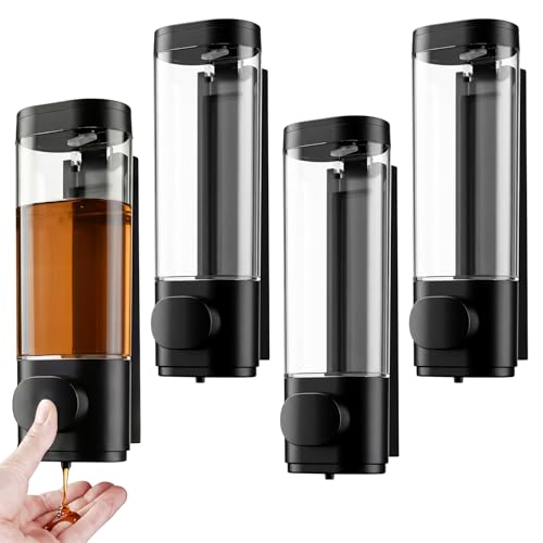 Junkin 4 Pcs Manual Bathroom Wall Mounted Soap Dispenser, 300ml Black Kitchen Bathroom Commercial Shower Clear Refillable Soap Dispenser Clear Plastic Refillable Liquid Lotion Pump and Organizer - color: Black