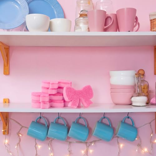 Tioncy 12 Pack Pink Bow Sponges Bulk Preppy Dual Sided Scrubber Stylish Pink Bow Sponges Reuseble Non Scratch Dishwashing Kitchen Cleaning Accessories for Cookware Pot Boiler Pan Household - style: Stylish Bow