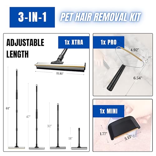 Carpet Rake Kit for Pet Hair Removal & Fluffing Matted Carpet – 61" Adjustable Handle, Deep Clean Dog & Cat Hair Remover, Reusable Scraper for Rugs, Low Pile Carpet, Couch Stairs & Car - size: Pet Hair Removal Kit