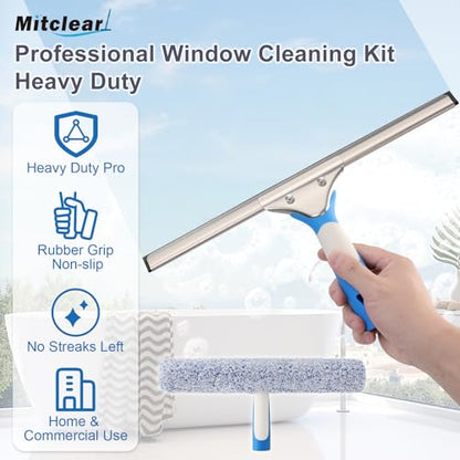 Mitclear Professional Window Cleaning Kit 14IN, Windows Cleaner Tool with Silicone Squeegee, Microfiber Scrubber & Cloth, Window Washing Equipment or Home Shower Glass Doors Car Windshield - size: 14 IN