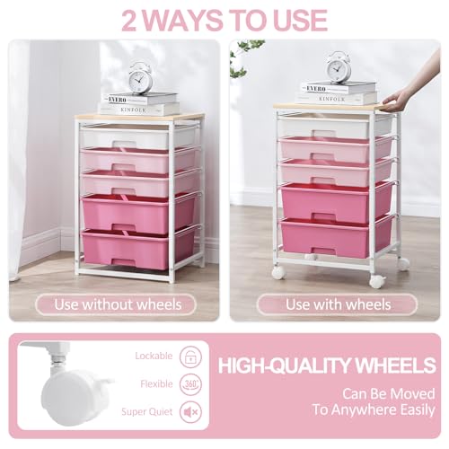 SYKIARIOL Utility Cart with 5 Drawers,Storage Drawer Cart with Wooden Tabletop and Lockable Wheels,Craft Storage Trolley Cart,5-Tier Rolling Utility Cart on Wheels,Rose Pink - color: Rose Pink