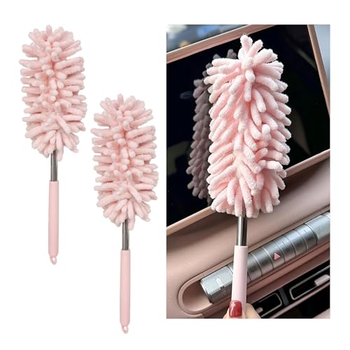 2PCS Car Interior Duster with Extension Pole, 11.8" to 30.5" Retractable Dusters Auto Dash Cleaning Tool, Soft Chenille Hand Washable Dusters for Car Window Furniture Office (Light Pink) - color: Light Pink