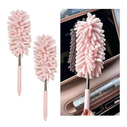 2PCS Car Interior Duster with Extension Pole, 11.8" to 30.5" Retractable Dusters Auto Dash Cleaning Tool, Soft Chenille Hand Washable Dusters for Car Window Furniture Office (Light Pink) - color: Light Pink