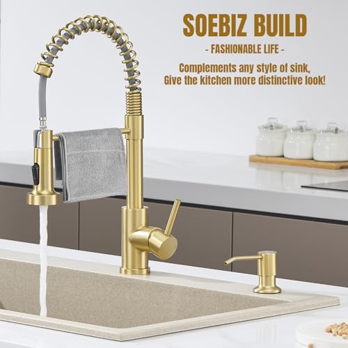 Built in Soap Dispenser for Kitchen Sink Countertop, Brushed Gold Stainless Steel Soap Dispenser Pump Head Refill from the Top with 11 Ounce Transparent Soap Bottle - color: Gold