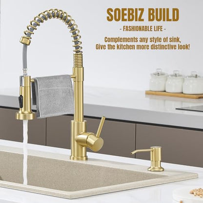 Built in Soap Dispenser for Kitchen Sink Countertop, Brushed Gold Stainless Steel Soap Dispenser Pump Head Refill from the Top with 11 Ounce Transparent Soap Bottle - color: Gold