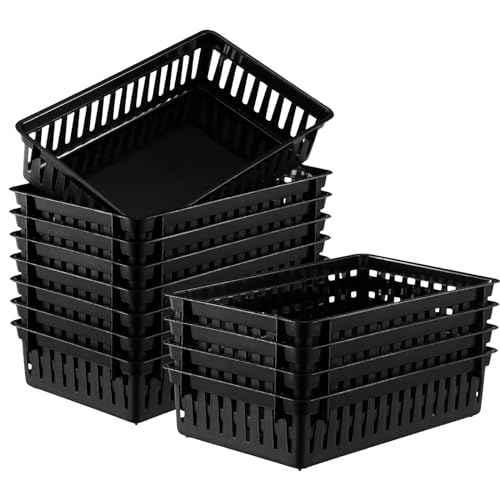 Wenqik Set of 12 Small Plastic Baskets for Organizing 10.24 x 6.5 x 2.36 Inch Pharmacy Baskets Rectangular Trays Plastic Organizer for Office Pharmacy Dorm Kitchens, Closets Shelves(Black) - color: Black