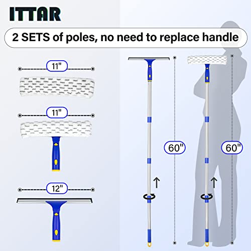 ITTAR Window Squeegee with 2 Sets Separate Pole, 12" Rubber Squeegee and 11" Microfiber Pads, 60"-73.6" Telescopic Window Cleaning Kit with Rotating Head for High Windows, Shower Glass, Car Windshield