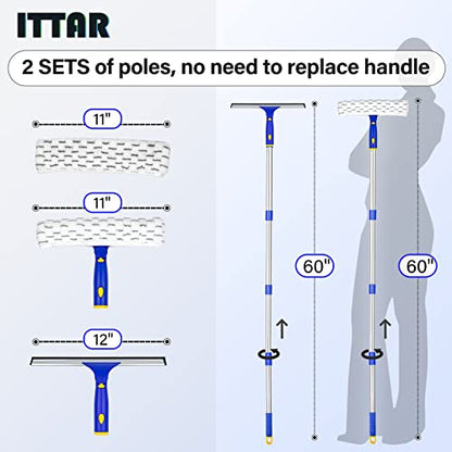 ITTAR Window Squeegee with 2 Sets Separate Pole, 12" Rubber Squeegee and 11" Microfiber Pads, 60"-73.6" Telescopic Window Cleaning Kit with Rotating Head for High Windows, Shower Glass, Car Windshield