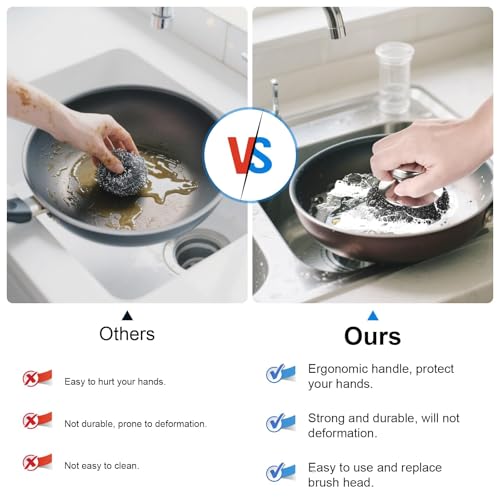 5PCS Stainless Steel Scrubber Pads, with 2Pcs Handle | Steel Wool Scrubber Set, For Kitchen and Household, Cleans Dishes, Stoves, Grill, Sink, Pots