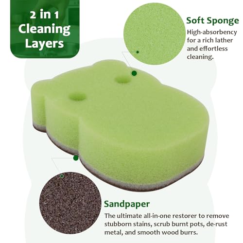 18 Pack Reusable Dish Sponges, Dual Sided Kitchen Scouring Pads | Dual-sided heavy duty sponges with scouring side for grease, cookware, sinks, grills, pots, pans, dishes, and daily cleaning.