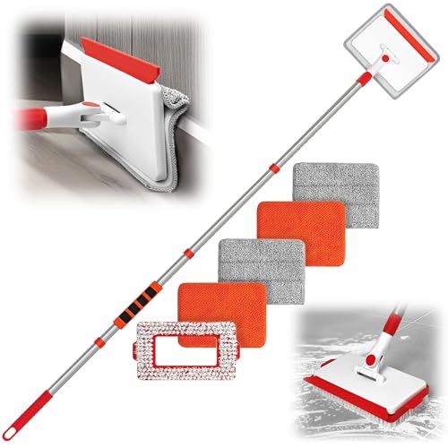 JEHONN Baseboard Cleaner Tool with Handle, 56 inches Base Boards Cleaning Mop Scrubber, 1 Stiff Bristles Brush, 2 Chenille and 2 Microfiber Pads, Wall Duster for Floorboard Ceiling Window Tile - color: Red