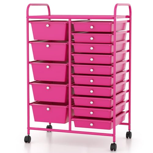 COSTWAY 15-Drawer Rolling Storage Cart, Mobile Utility Cart with Heavy-duty Frame & Lockable Wheels, Multipurpose Storage Organizer for Tools, Paper, Office, School, Hot Pink - color: Hot Pink, size: 15 Drawer